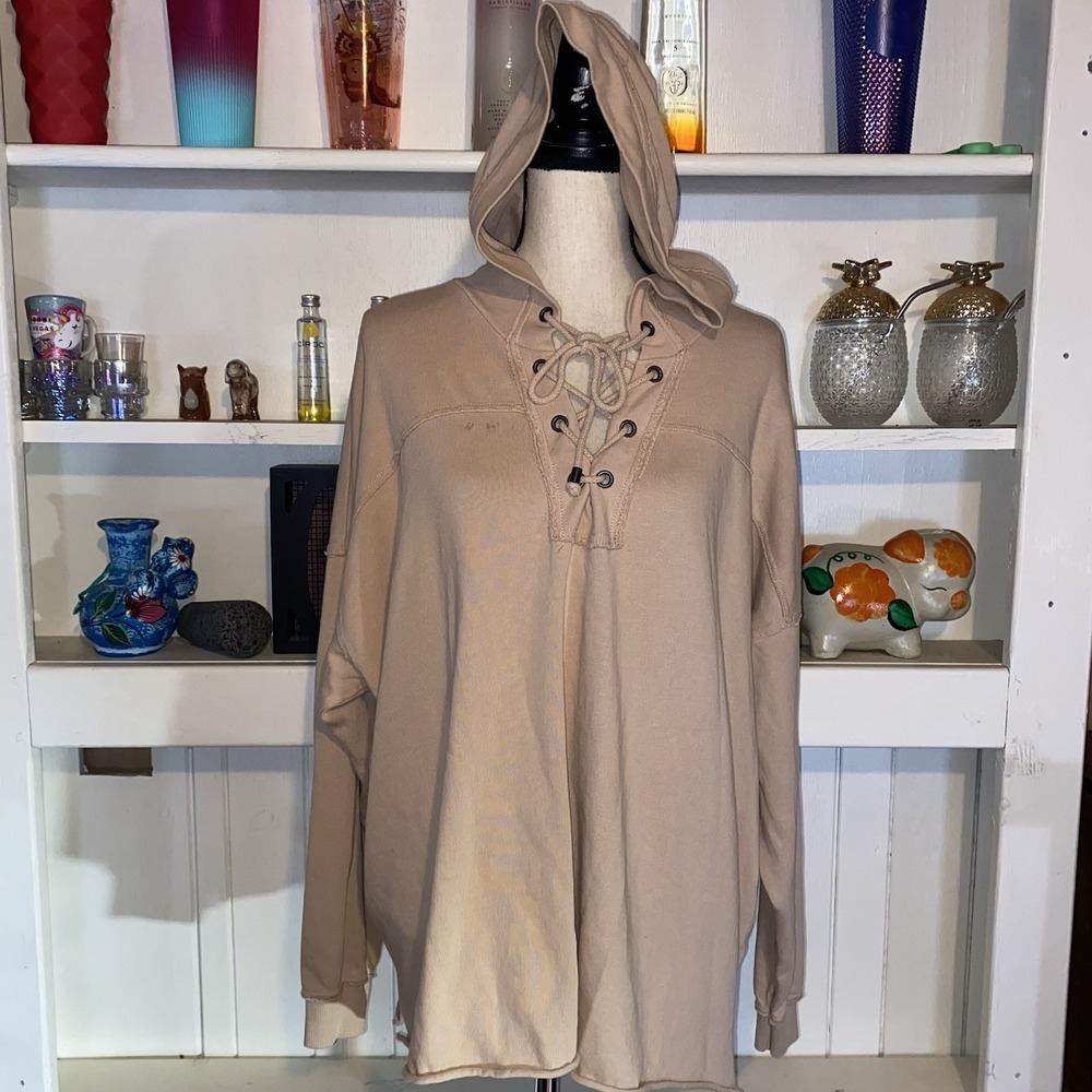 Aerie Tan Sunday Soft Lace Up Oversized‎ Hoodie Womens Small